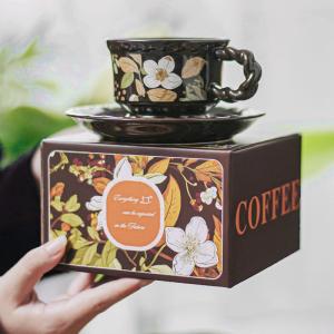 Quality Eco Friendly Drinkware Ceramic Tea Cup Set Gift Box With Brown Porcelain Flower Design wholesale
