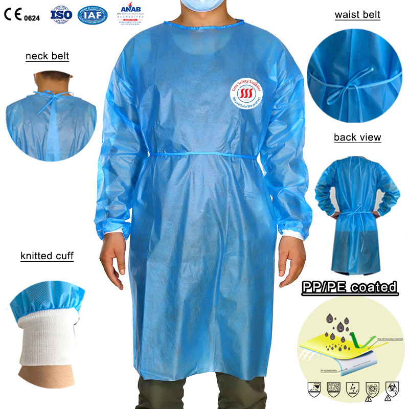 CE EN14126 AAMI Pb70 Disposable Lab Coats PP PE Coated Non Woven Isolation Gown