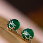 Sterling Silver Green Agate Stud Earrings Vintage Thai Silver Jewelry