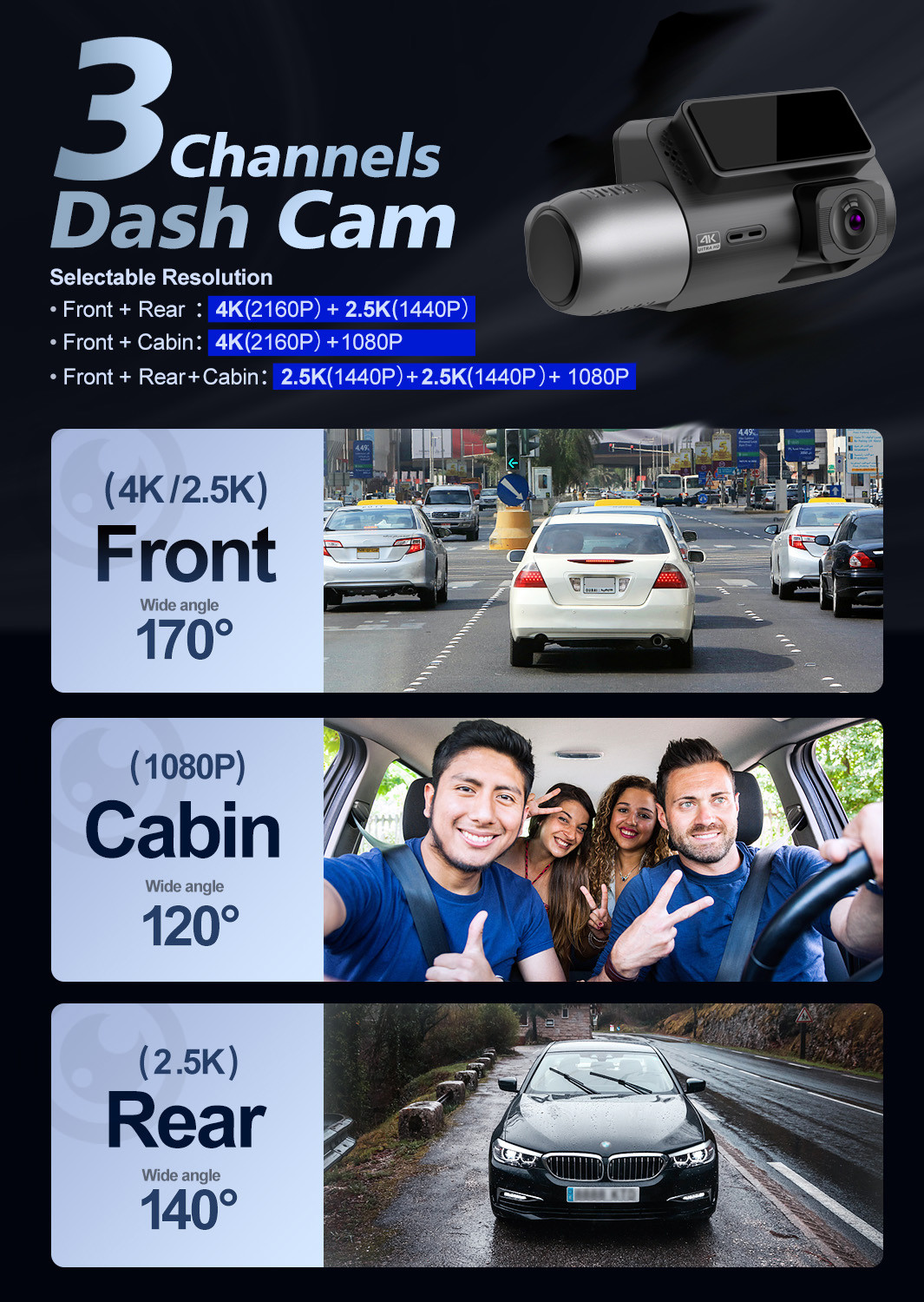 3Channel Dashcam Wifi 4k 2Inch IPS 4g ADAS Mirror Blackbox