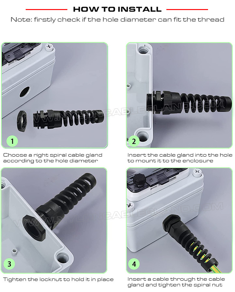 Strain Relief Flexible Cable Glands, Spiral, Nylon 6 (PA6), G1/4"~G3/4" Thread, IP68, Gray RAL7035 or Black RAL9005