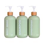 500ml Green cylindrical smooth with bamboo pump for shampoo lotion bottle