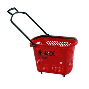 Quality Retail Grocery Plastic Shopping Basket With Wheels Red 35L 45L 50L 60L wholesale