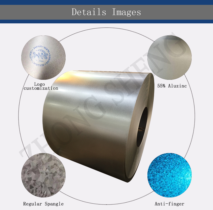 55% aluminum galvalume AZ120 hot dipped GL steel coil with COIL ID 508mm/610mm and ±1% tolerance