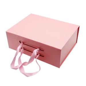 Quality Luxury Customized Gift Foldable box Ribbon paper hard cardboard gift boxes Flip Top String Ribbon Handle Flat Paper Box wholesale