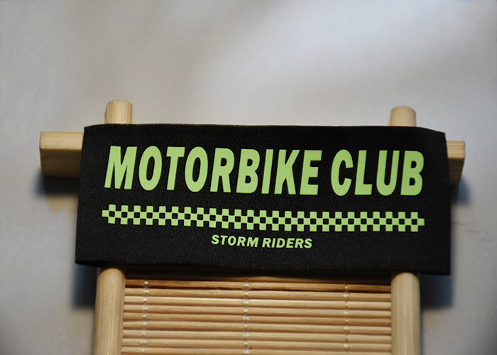 0.2mm Logo Silicone Clothing Labels Printed On Black Polyester Cloth