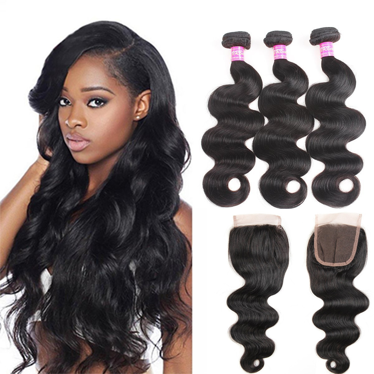 Body Wave Human Hair Bundles With Closure Brazilian Hair Weave 3 Bundles with Closure Remy Hair weft