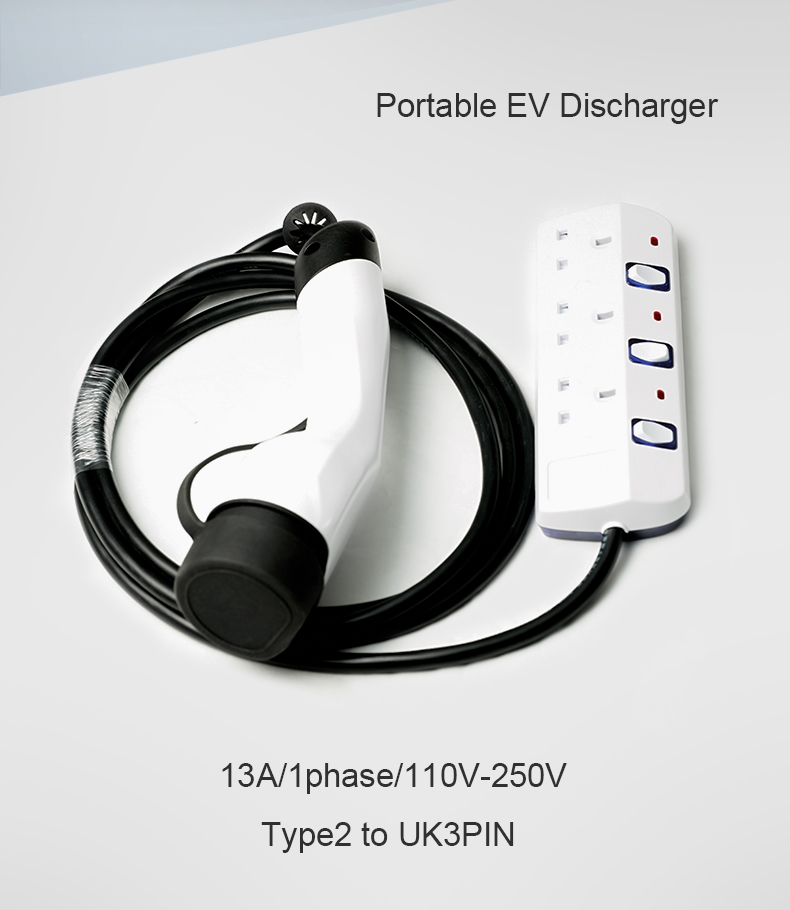 Outdoor Electric Appliances Energy Type 2 Electronic EV Car Discharger Gun Working Power 2.5KW British and Schuko Socket