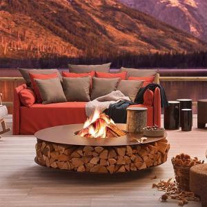 Quality Round Corten Steel Firewood Storage Outdoor Metal Furniture Wood Holder Fire Pit Table With Chairs wholesale