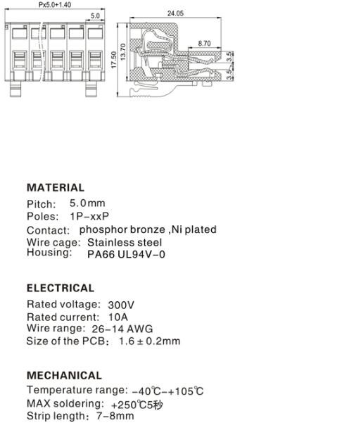 300V 10 Pins PCB Terminal Block 5.0mm Pcb Mount Screw Terminal 26－14 Awg