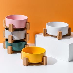 Quality Ceramic Pet Feed Bowl With Wooden Stand Dog Food Drinking Bowl Dish wholesale