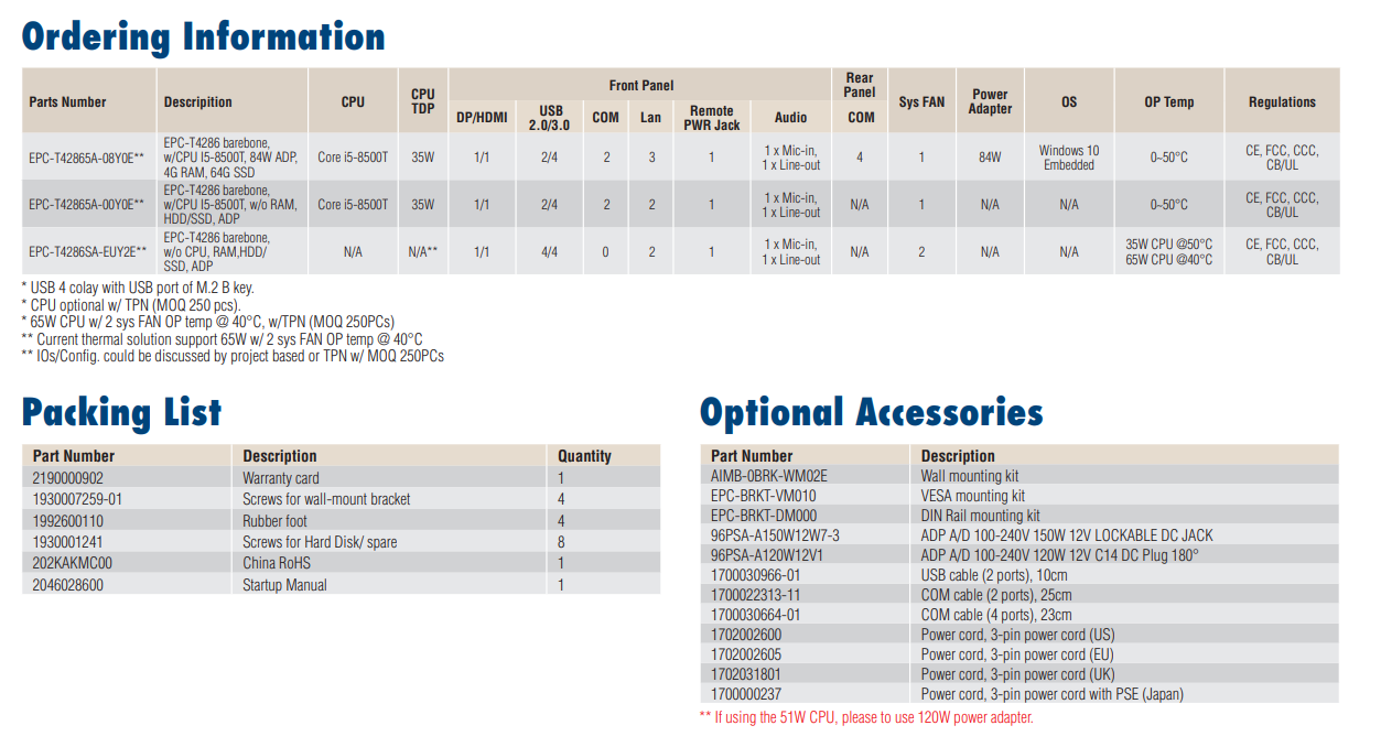 Advantech Embedded PCs EPC-T4000 SeriesEPC-T42865A-08Y0E ShipReady to