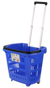 Quality HDPE Hand Plastic Rolling Shopping Basket With Wheels For Supmermarket 25KG Capacity wholesale