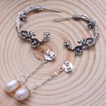 925 Silver Engraved Designs Flower Hoop Earrings with Pearl (055132)