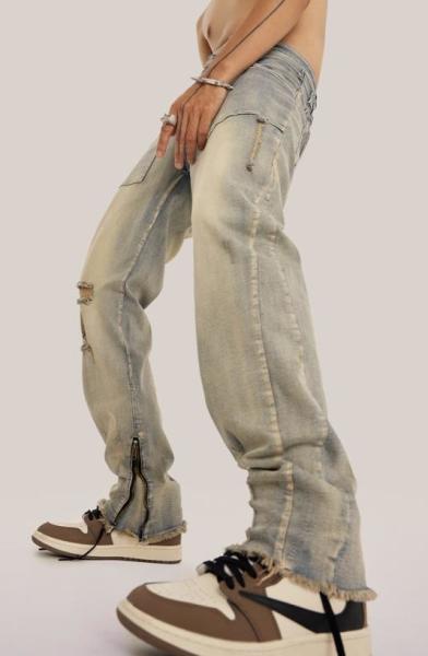 Small Quantity Clothing Manufacturer Vintage Washed Street Unisex Jeans Raw Hem