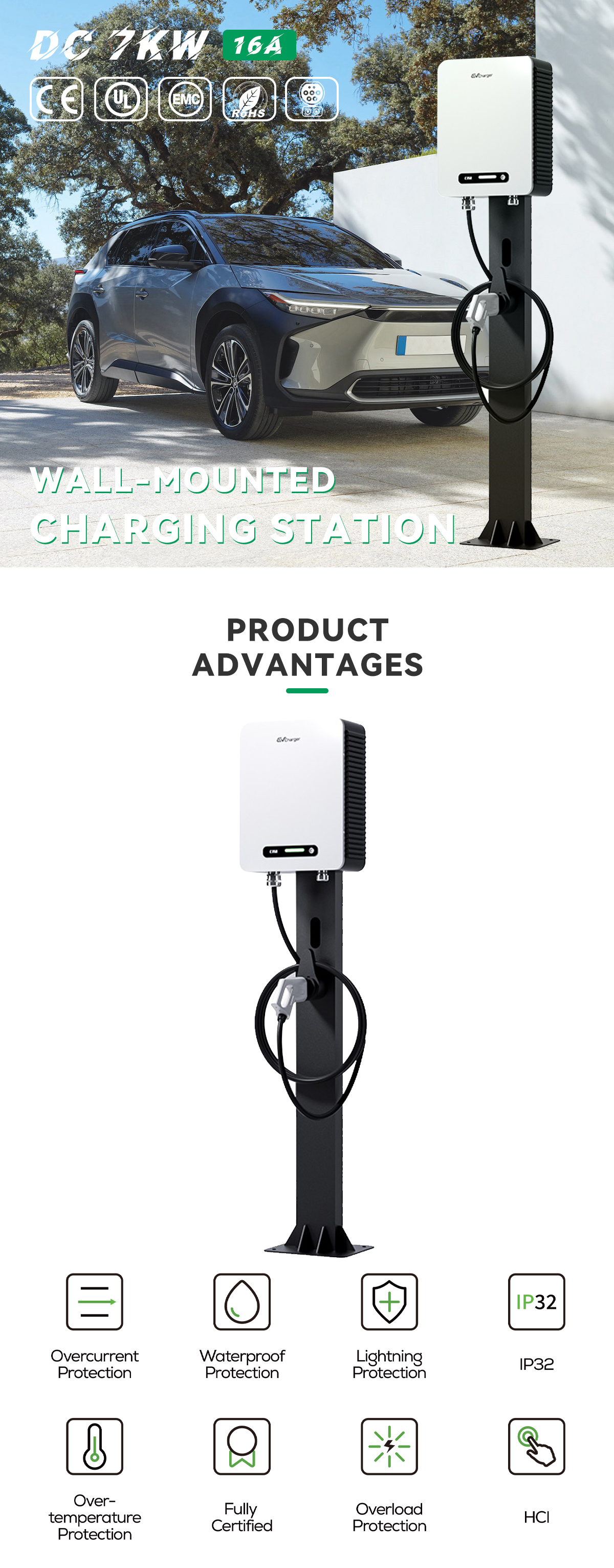 Experience the Convenience of E-mingze 's CCS2 16A/7KW Post Electric Car Charger with Color Screen and Overcurrent Protection