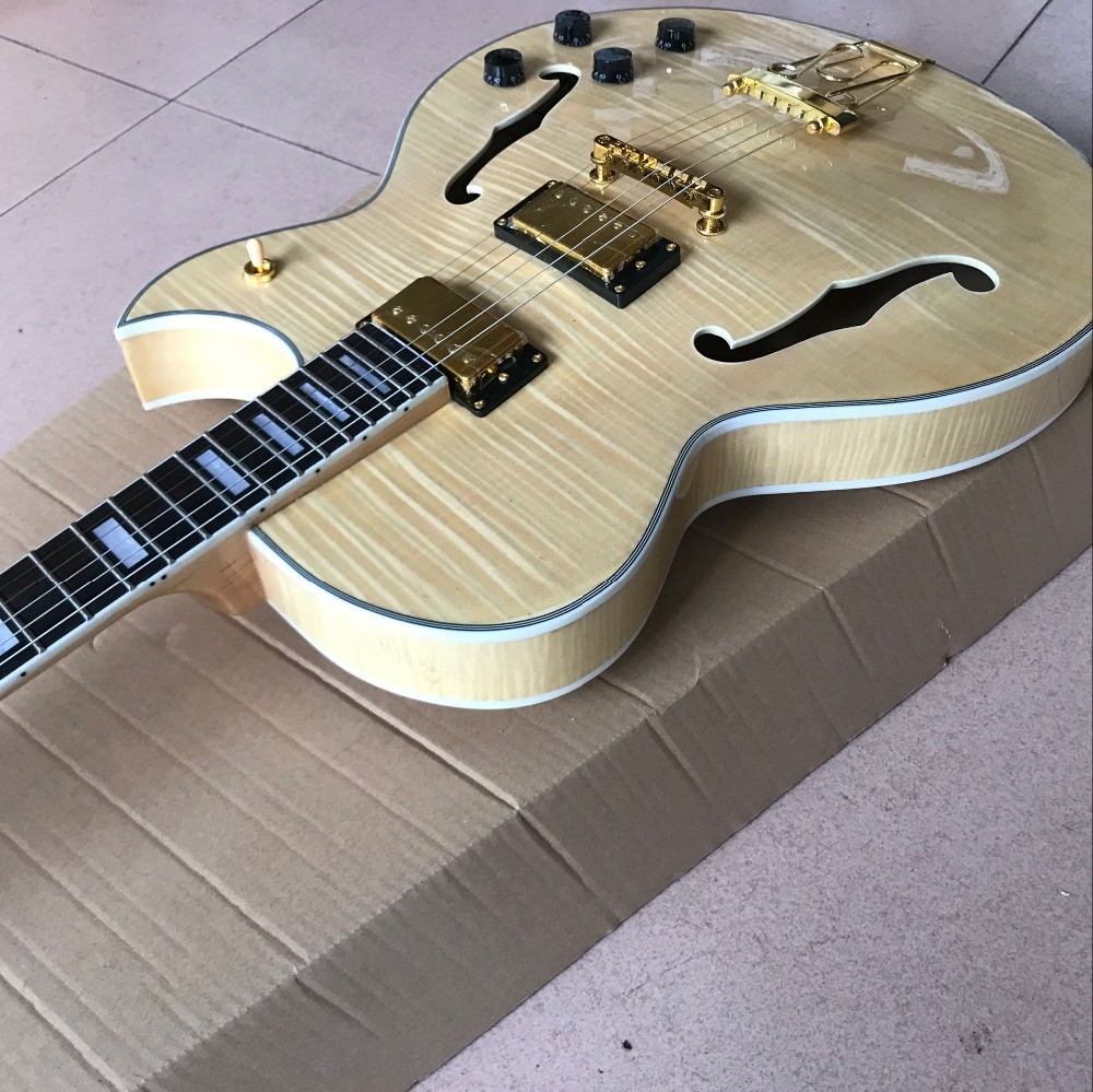 LP les Tiger Flame paul F hollow body jazz electric guitar in natural color