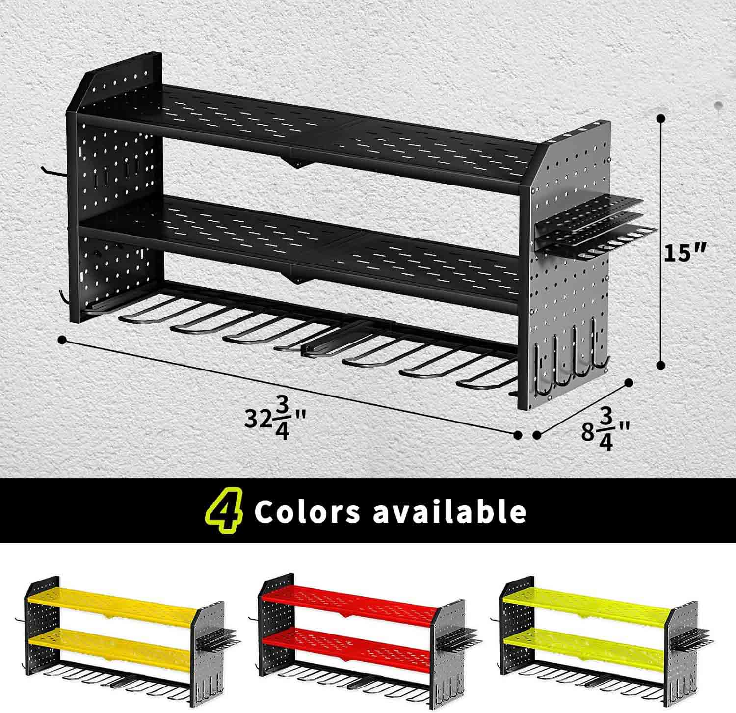 Large 8 Drill Holder Wall Mount with 2 Side Peg boards Storage Rack for Garage Organization,Utility Battery Shelves