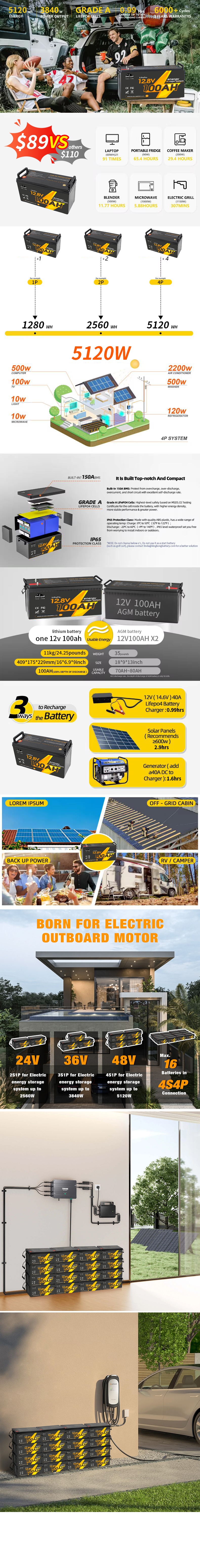 12V 12.8V 24V 48V Volt 100Ah 120Ah 200Ah 300Ah 400Ah Rechargeable Lifepo4 Deep Cycle Li Lithium Ion Battery Pack Sealed
