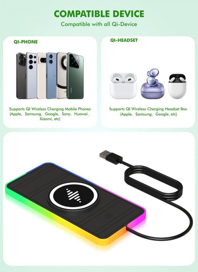 Black RGB Car Wireless Charging Pad For Apple IPhone/Watch 9V/2A Input Power Protection 3