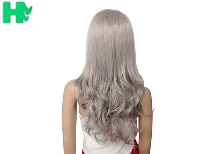 Sliver White Color Long Synthetic Fiber Wigs Natural Curly Without Bangs