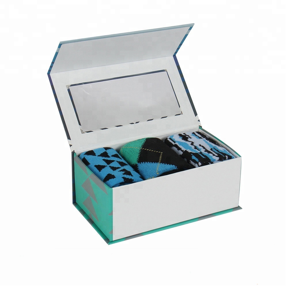High Quality Christmas Custom Magnetic Close Paper Gift 3 Set Socks Packaging Box With Clear Pvc Window