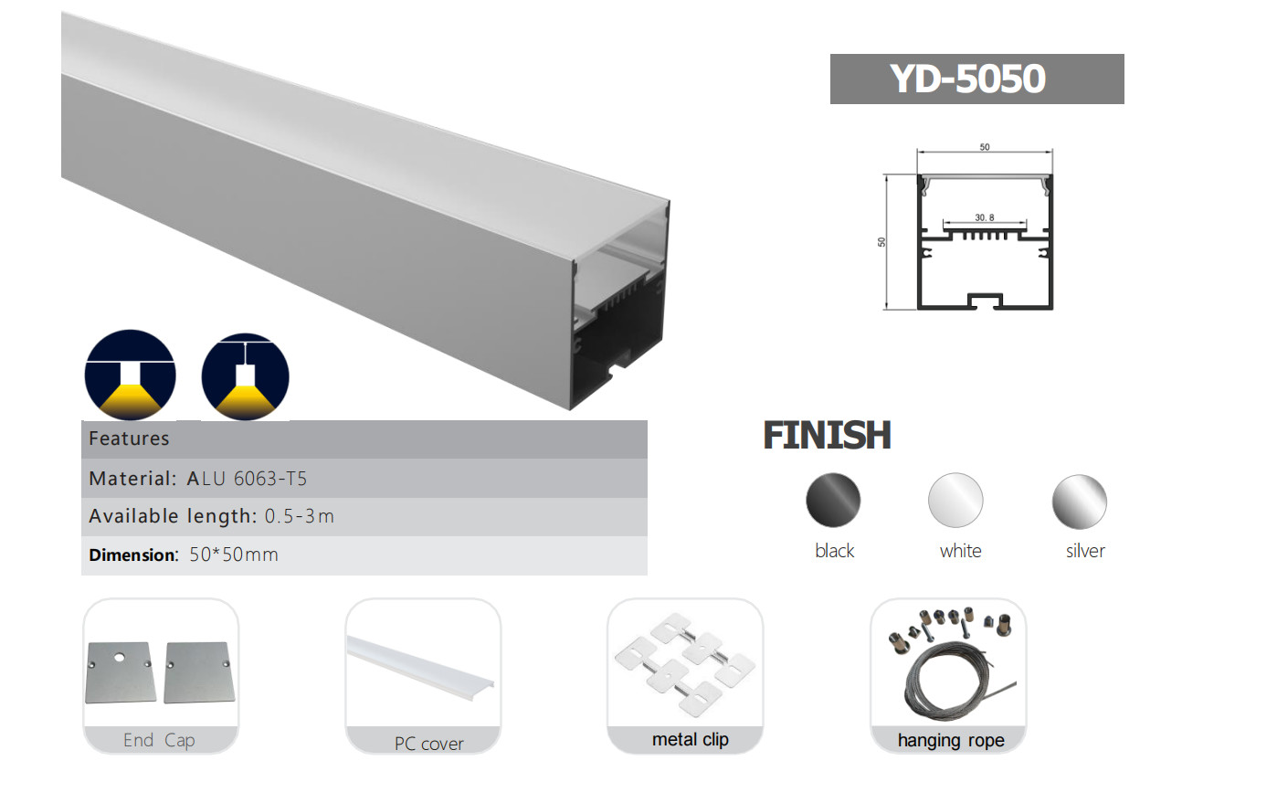 50*50mm Customizable Length and PC Cover Options for Suspended LED Profile Easy Installation