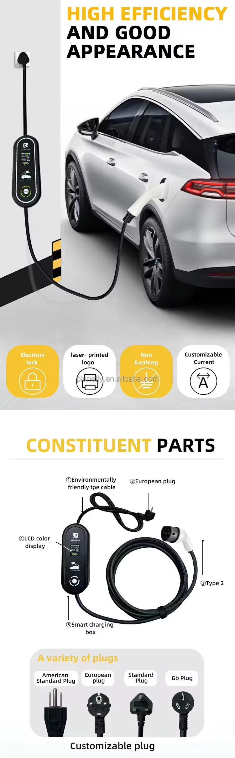16A Output Current Type 2 EV Charger with LED Display for 3.5kW Electric Vehicle Level 2 Charging at 220V Input Voltage