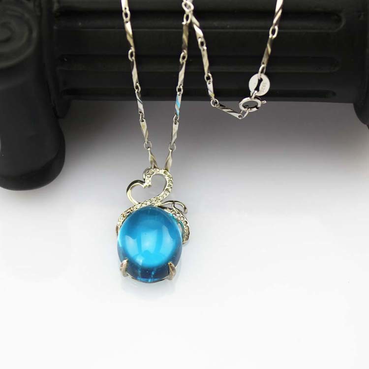 Sterling Silver Oval Created BlueTopaz Dome Cubic Zircon Gemstone Pendant Silver Chain(PSJ0343)