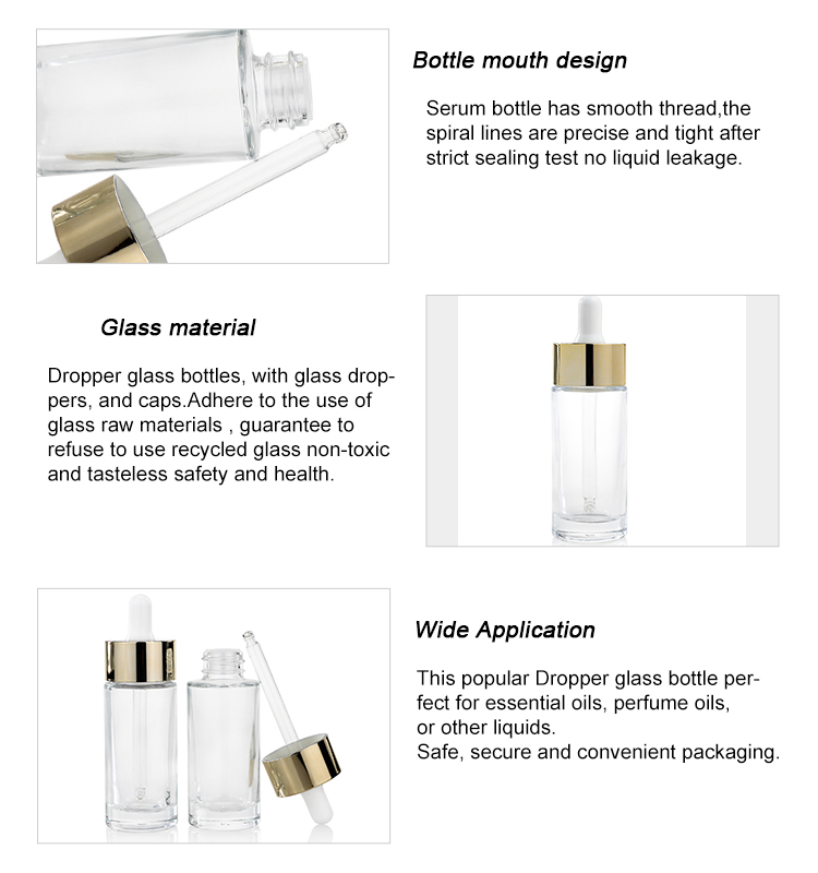 Glass Medicine Serum Dropper Bottles 30ml Cosmetic Container With Gold Cap