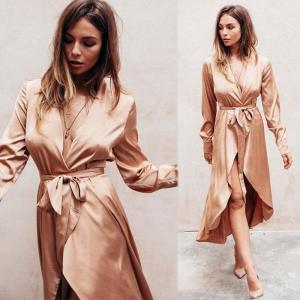 Quality Fall Women Clothing Sexy Deep V Neck Satin Wrap Dress wholesale