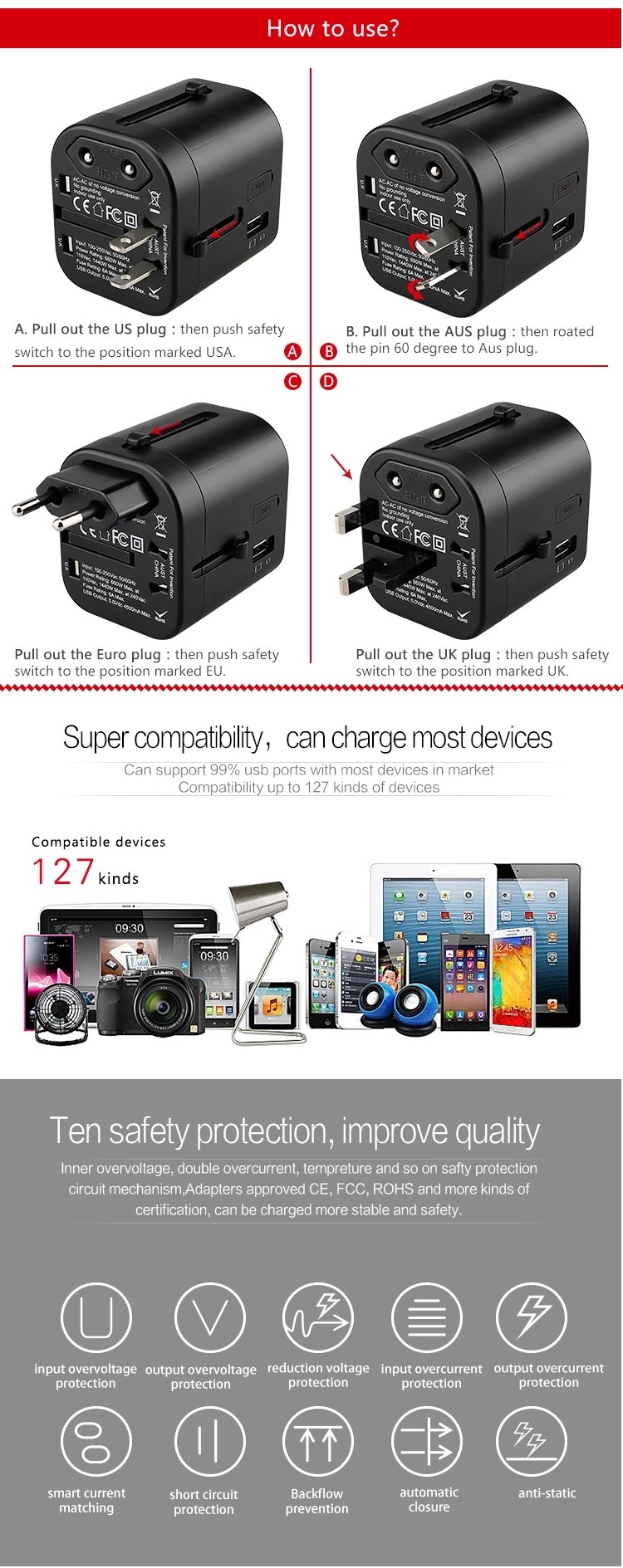 5V 4500mA USB Power Travel Power Adapter Smart All In One Converter Power Adapter