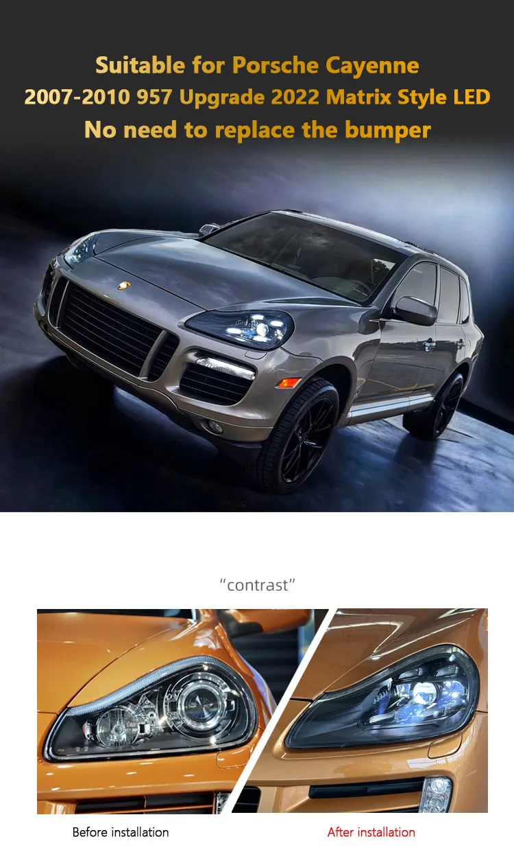 957 Headlights For Porsche Cayenne 08-10 Upgraded 21 Matrix Style LED Front Lights Plug And Play Car Accessory