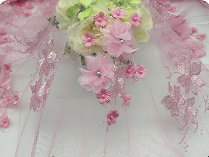 Polyester 3D flower embroidered Lace fabric with bead for women garments