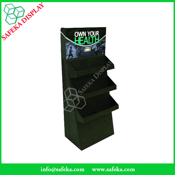 3 tier paper material supermarket paperboard display shelf design corrugated racking display stand for health products