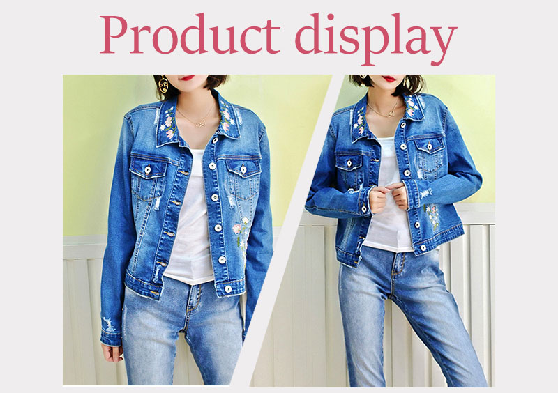 Fancy Embroidery Jeans Coat For Women , Stretch Ladies Blue Denim Jacket