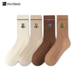 Quality Solid Color Stripe Breathable Cotton Socks Flower Embroidery Crew Women Socks wholesale