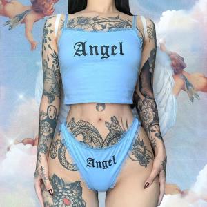 Quality Two Piece Sexy Girls Angel Underwear Set Black Letter Printing wholesale