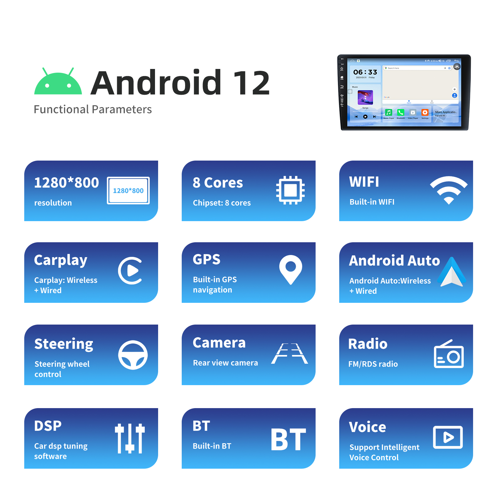 9" Touch Screen Android 12 Car Multimedia Player with GPS Navigation Multi Language