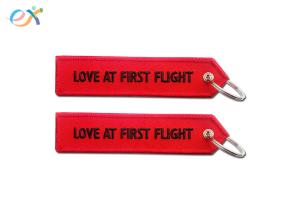 Personalized Embroidered Keychains Black Words On Red Background With Merrow Edge