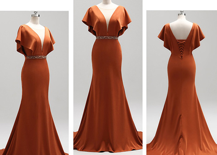 Multi Color Long Tail Gown , Mermaid Ball Gown Deep V Neck Bandage Ruffle Sleeve