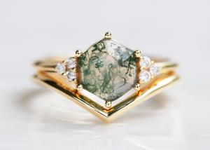 Quality Hexagon Cut Green Moss Agate Engagement Ring 14k Gold Material 6.5mm Size wholesale