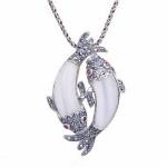 Thai 925 Silver Double Fishes White Opal Pendant with Sterling Silver Chain