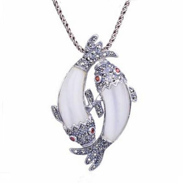 Thai 925 Silver Double Fishes White Opal Pendant with Sterling Silver Chain