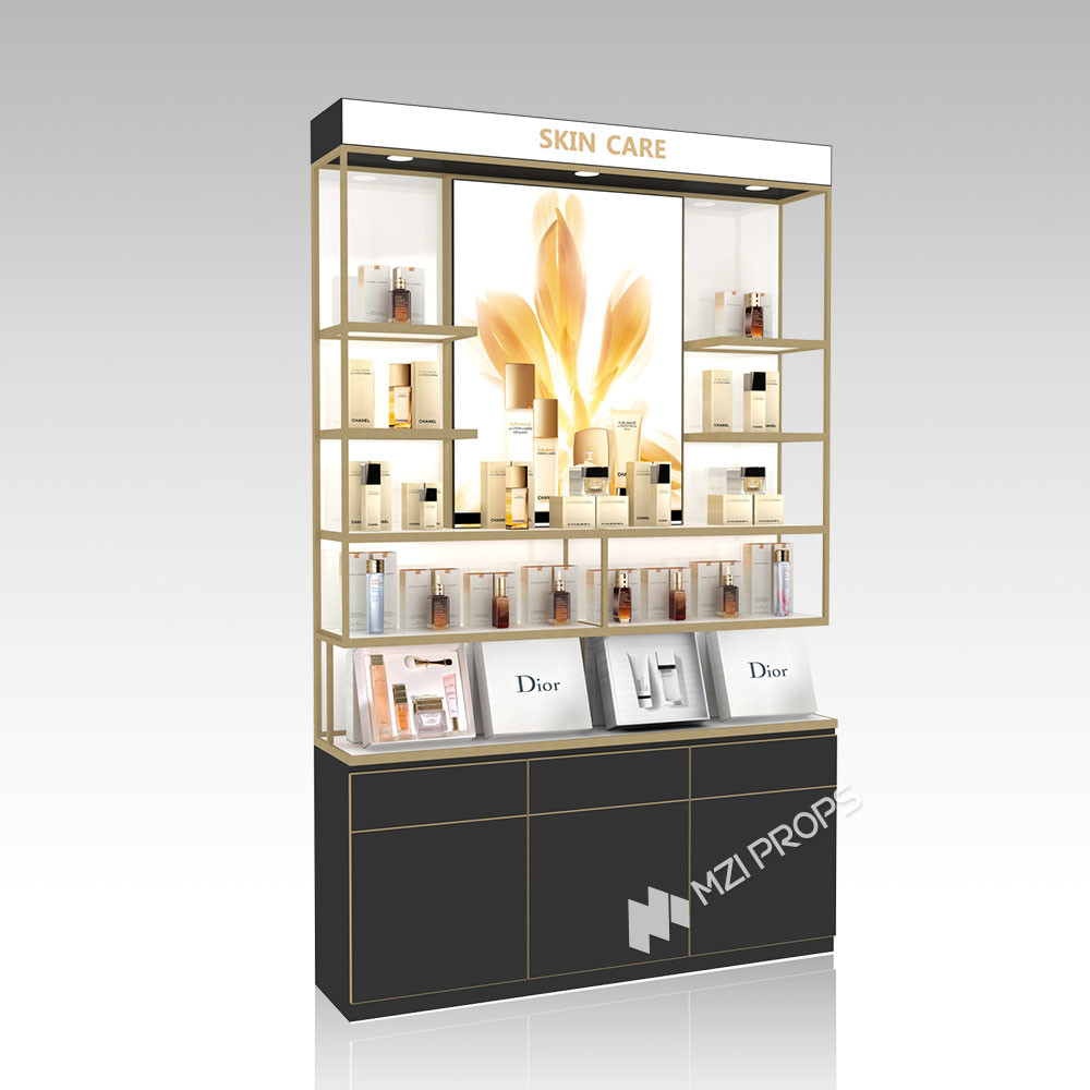 DYaS-VK-3 Skincare Display Cabinet with 40mm Acrylic Lightbox and Gold Edging