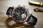 Auto Date Mens Mechanical Watches Black Genuine Leather Wrist Watch