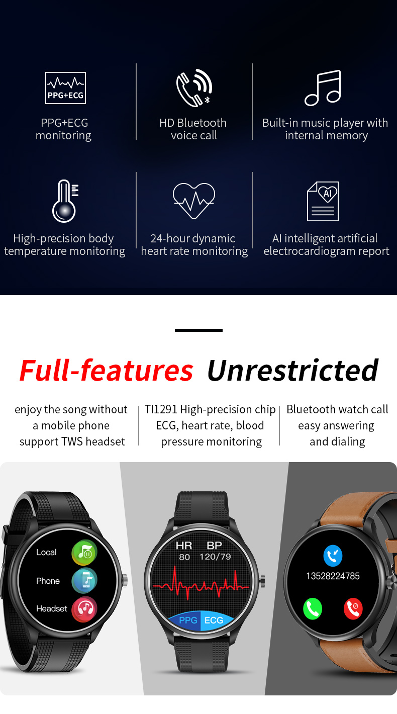 1.28 Inch Round Touch Screen ECG Smart Watch Wifi Music Control