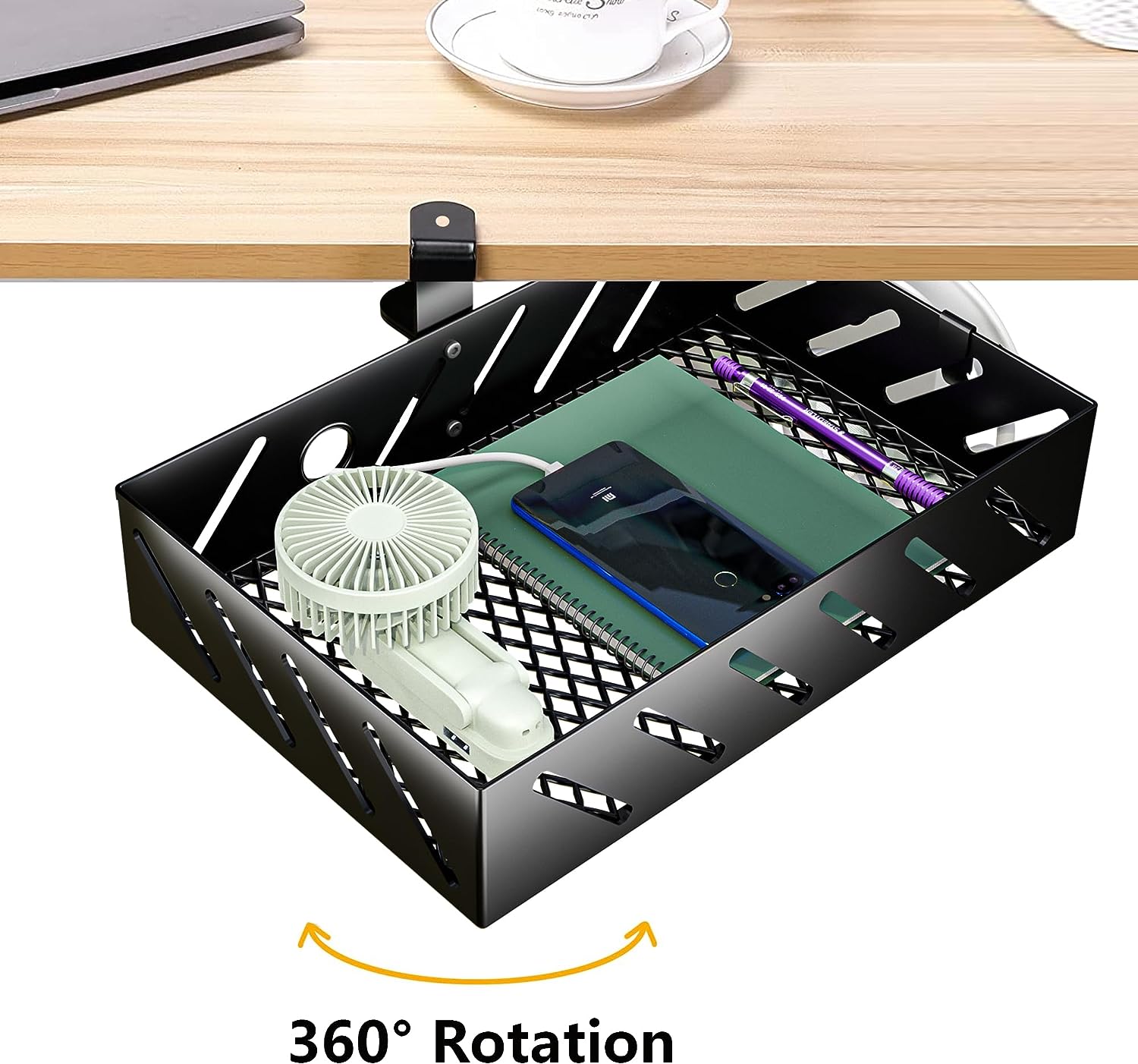 360 Degree Rotatable Under Desk Clamp-on Storage Drawer for Home Office Organization