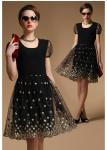 Ladylike style Scoop neck Embroidery lace short sleeves Slimming Burnt-out dress