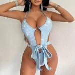 Solid Color Ladies One Piece Swimsuit Sexy Female Lace Up Bikini Tight Backless